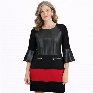 ICE Bell Sleeve Color Block Dress Faux Snakeskin Black Red Size 14